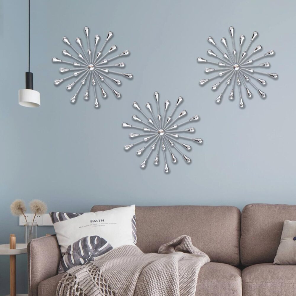6269 Set of 3 Silver Starburst Metal Wall Art Decor, 11.8 Inch Sparkling